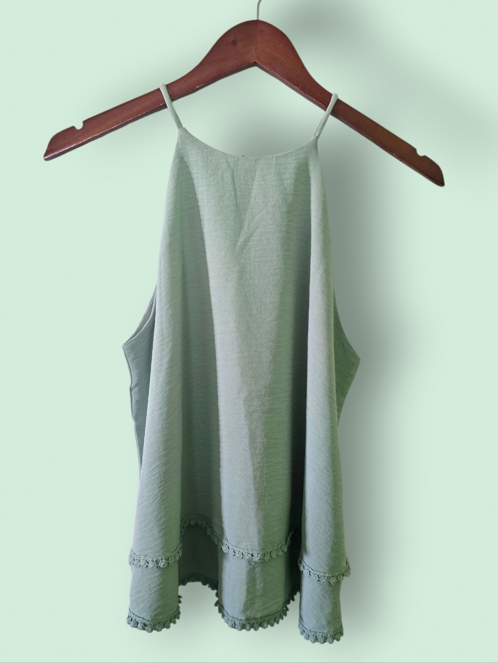 M - SHEIN Mint Green Halter Tank Top Double Layered Pom Pom Trim